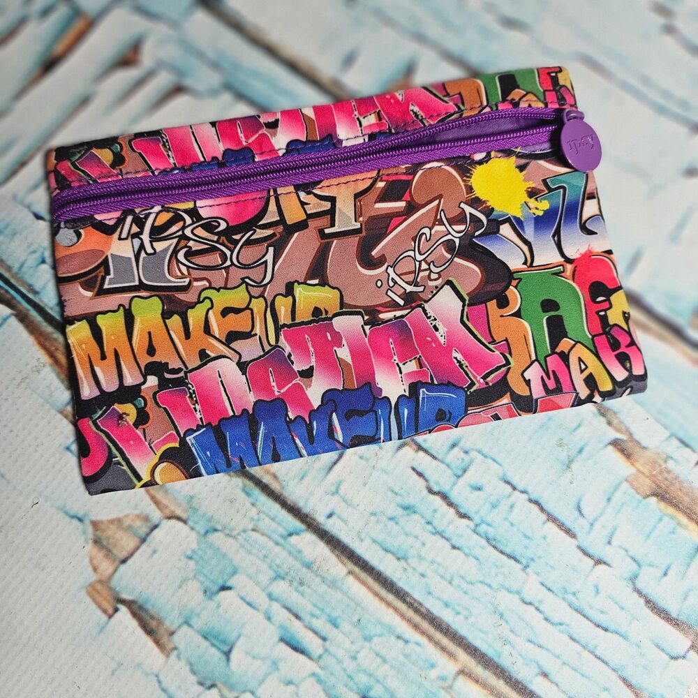 Ipsy Makeup Bag Graffiti Print Multicolor Purple Zipper Cosmetic Pouch